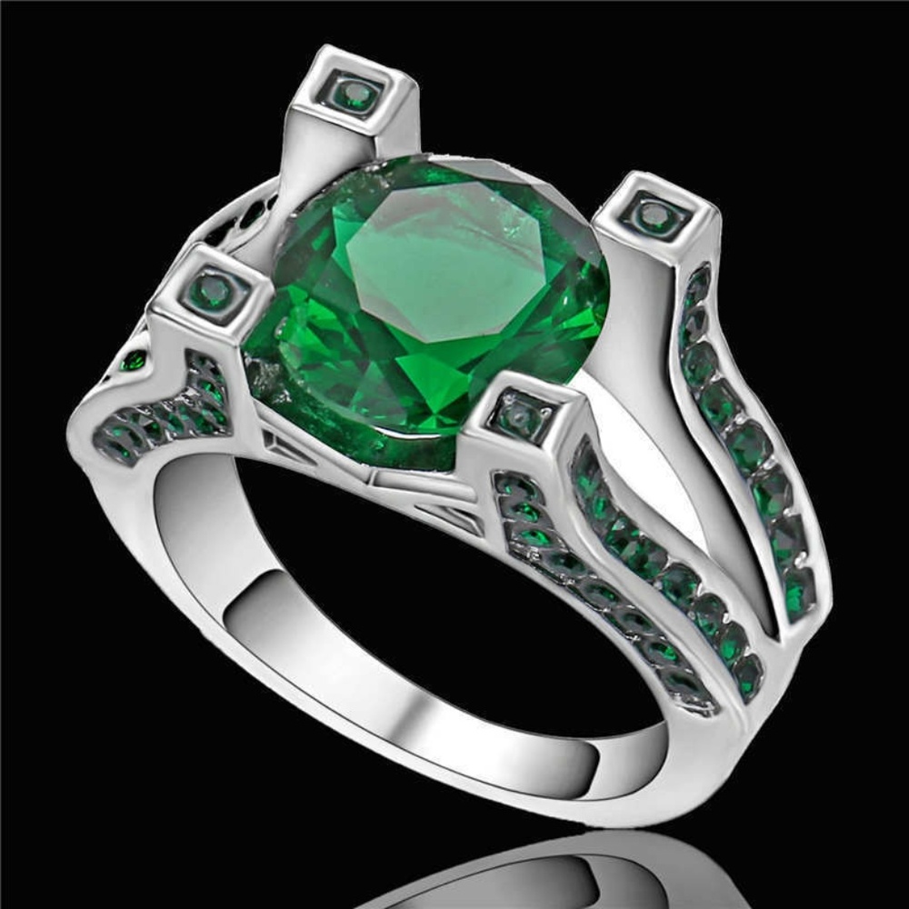 Emerald Green Rhodium Plated Size 6 Ring New